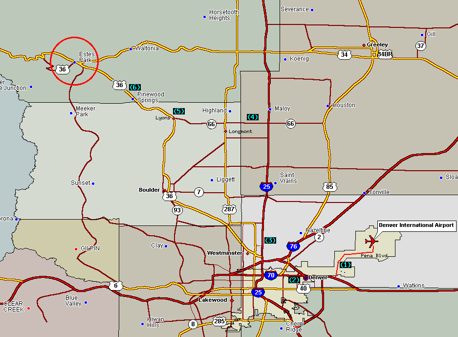 Map from
Denver International Airport to Estes Park