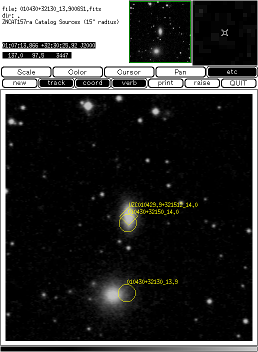 A portion of an SAOimage display showing three galaxy positions
from two catalogs